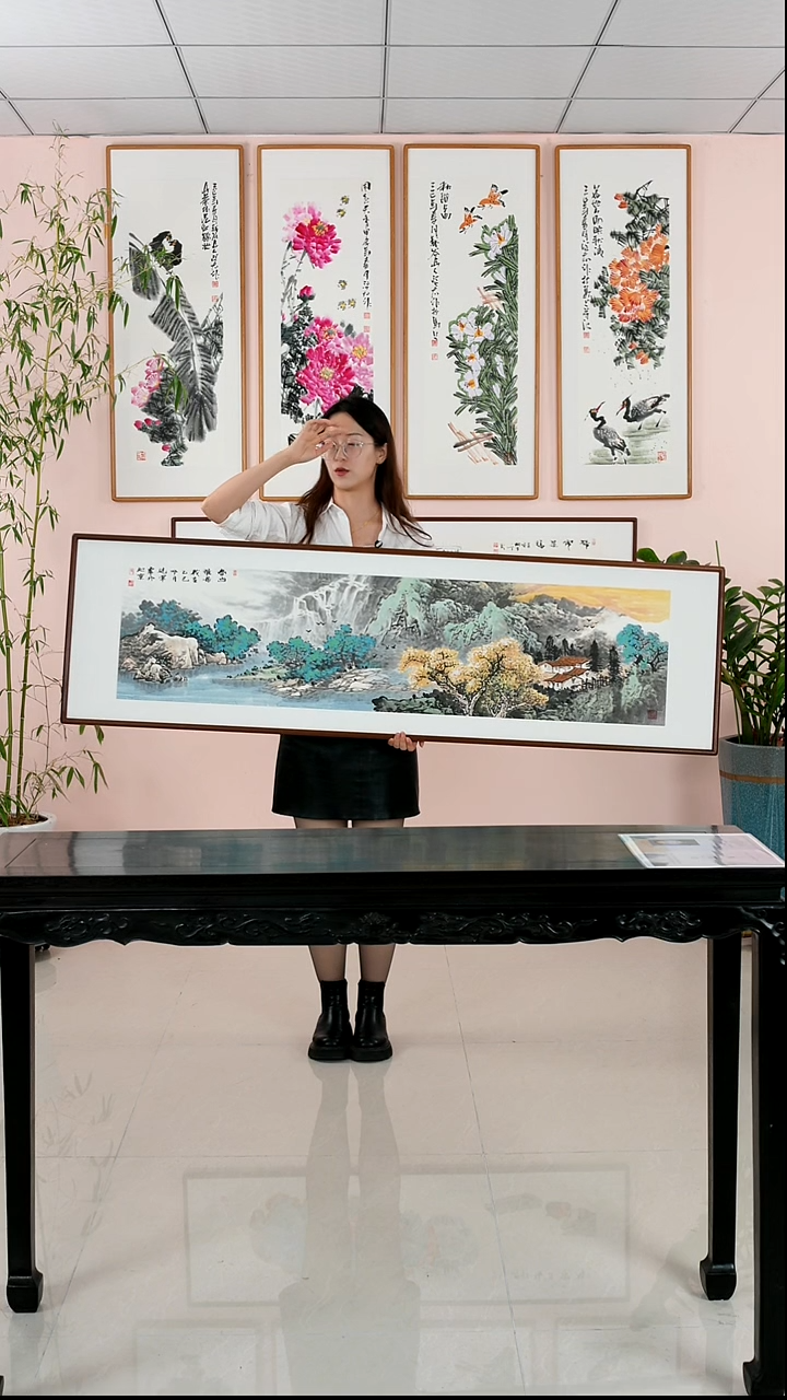 国画张现军《春山雅居》手绘带框162*47厘米