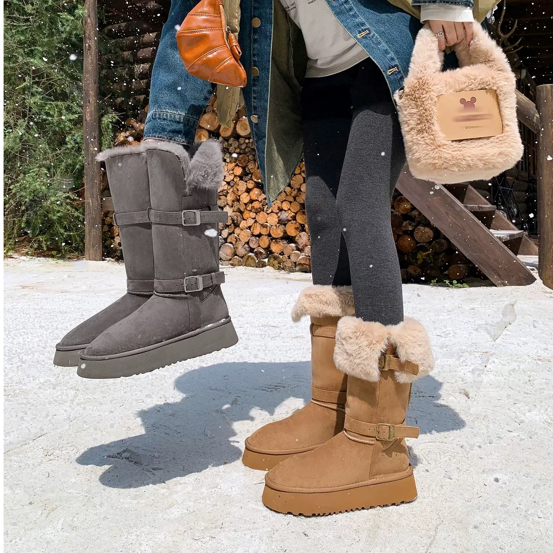 东北厚底长筒雪地靴女冬季加绒加厚毛毛高筒长靴保暖中筒棉鞋