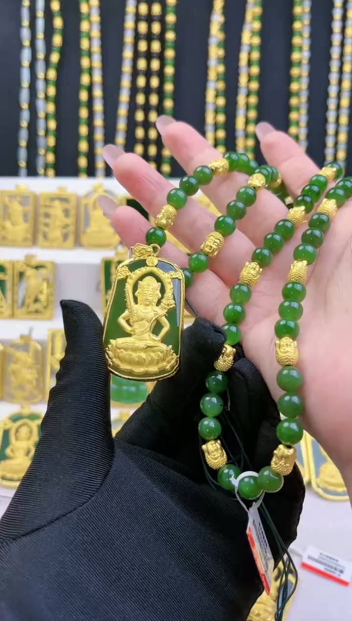 和田玉足金镶嵌套链黄金和田玉套链