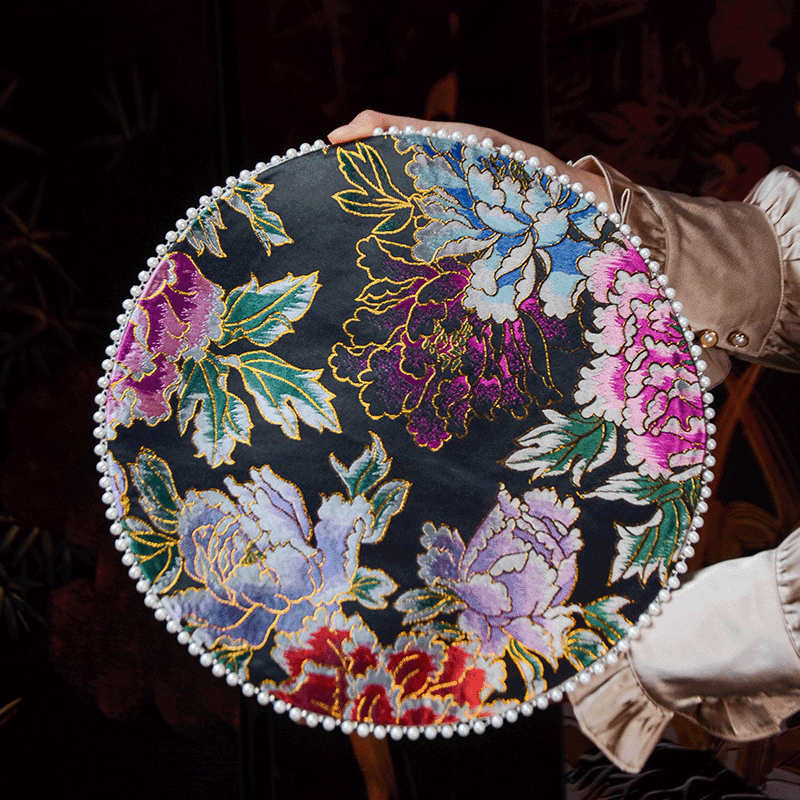 香云纱茶席圆款珍珠花卉茶道配件直径33cm