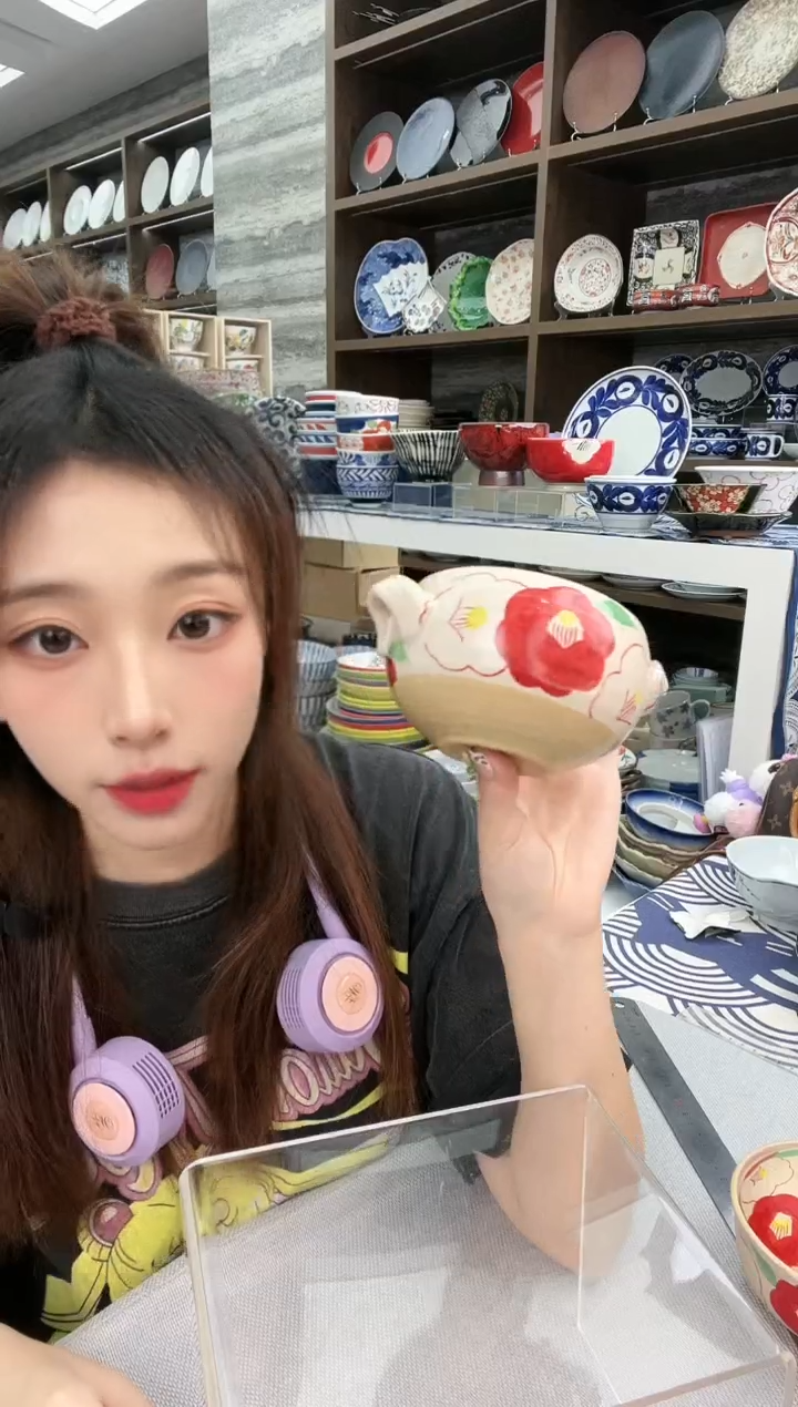 陶濑户烧手绘红花小双耳钵400ml