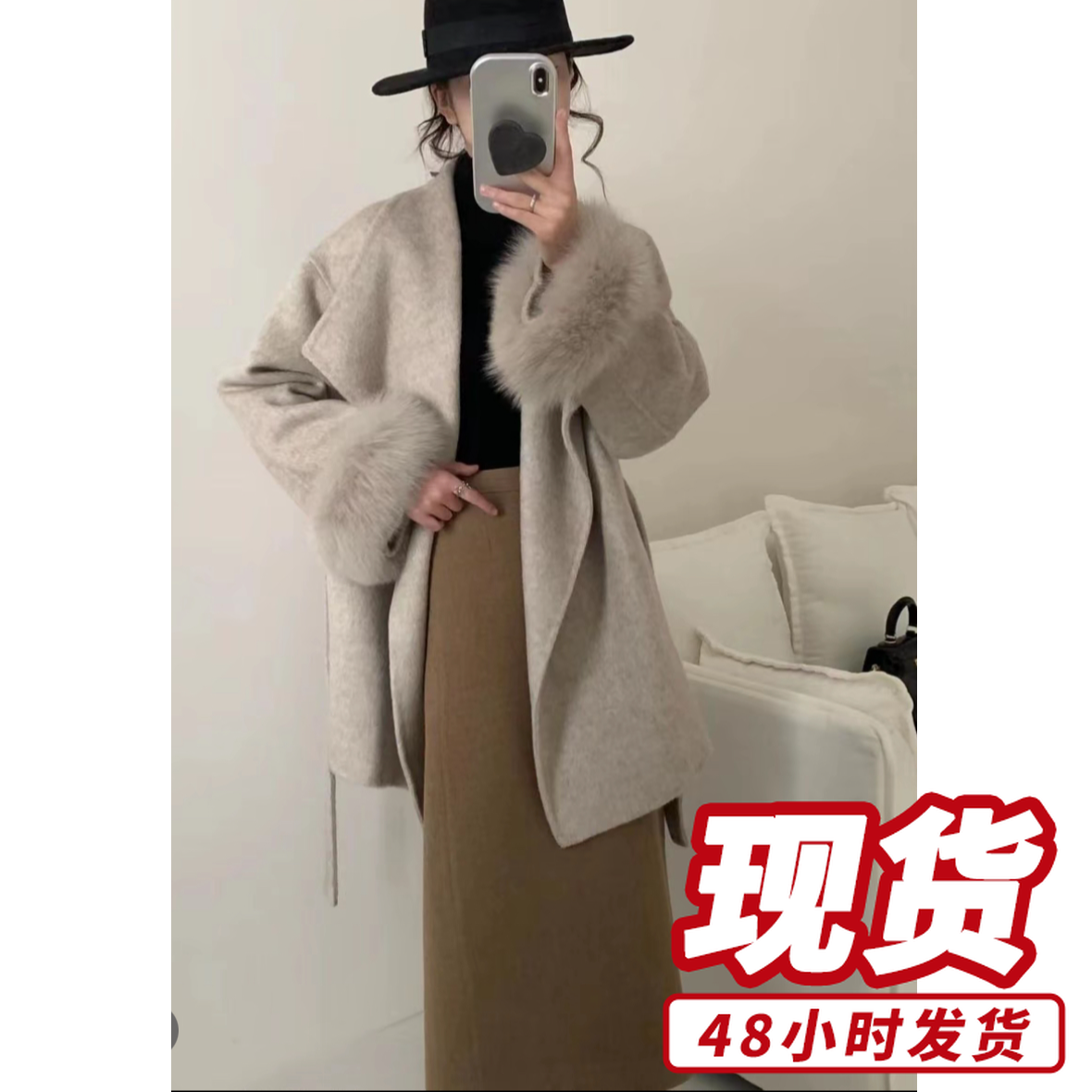 冬季新款大翻领双面系带大衣女高奢毛呢外套S711131