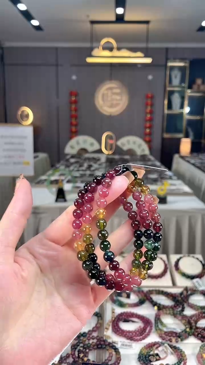 未镶嵌老矿碧玺色标彩虹三圈手串7mm+碧玺dan多样性发一条
