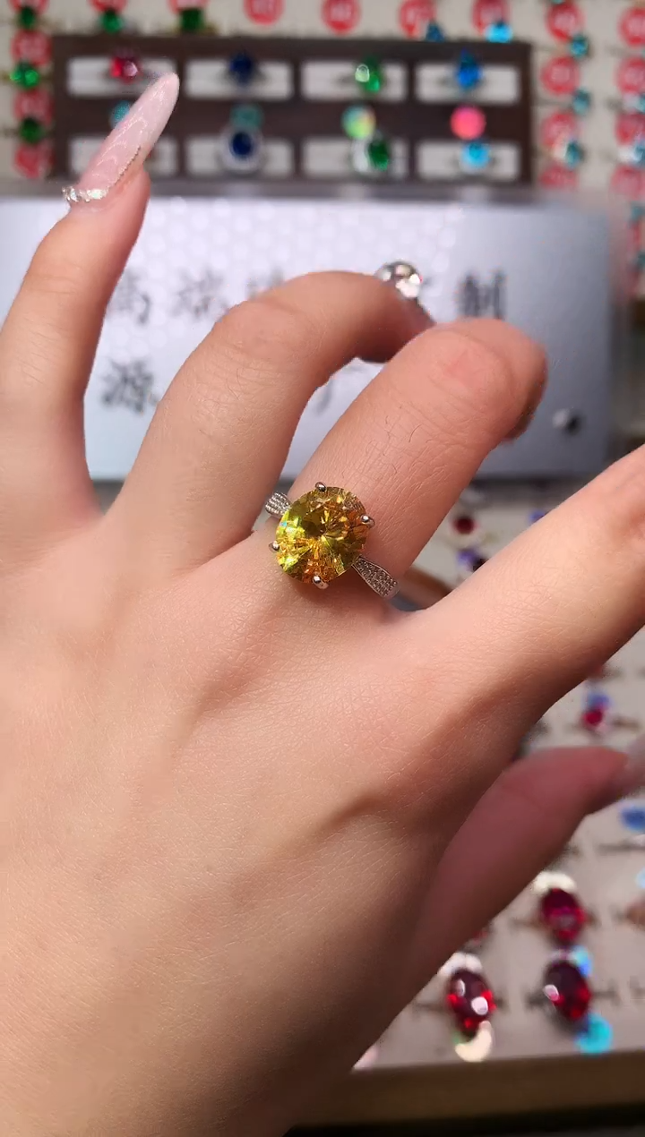 无925银典藏 轻奢 金丝雀黄色系10*12银托戒指