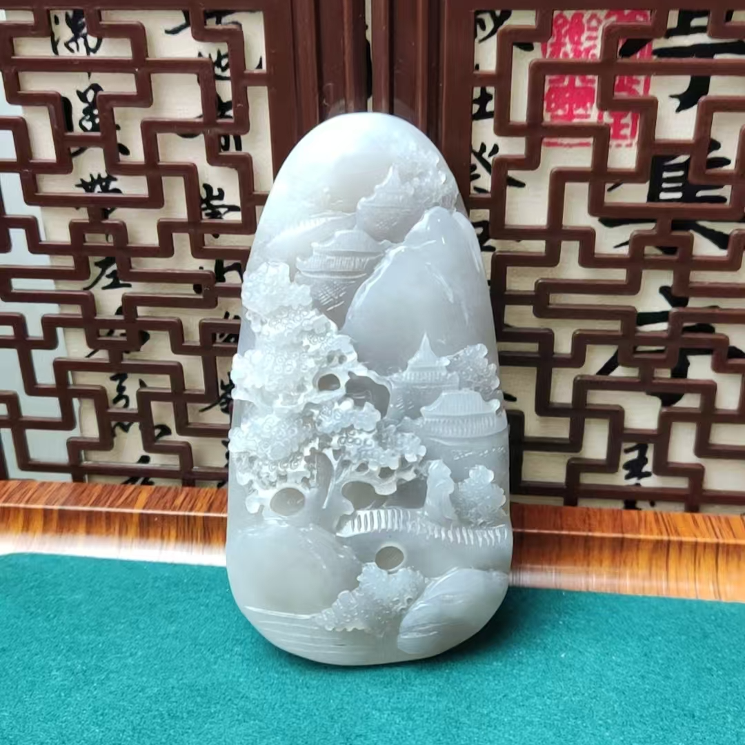 和田玉烟紫山水手把