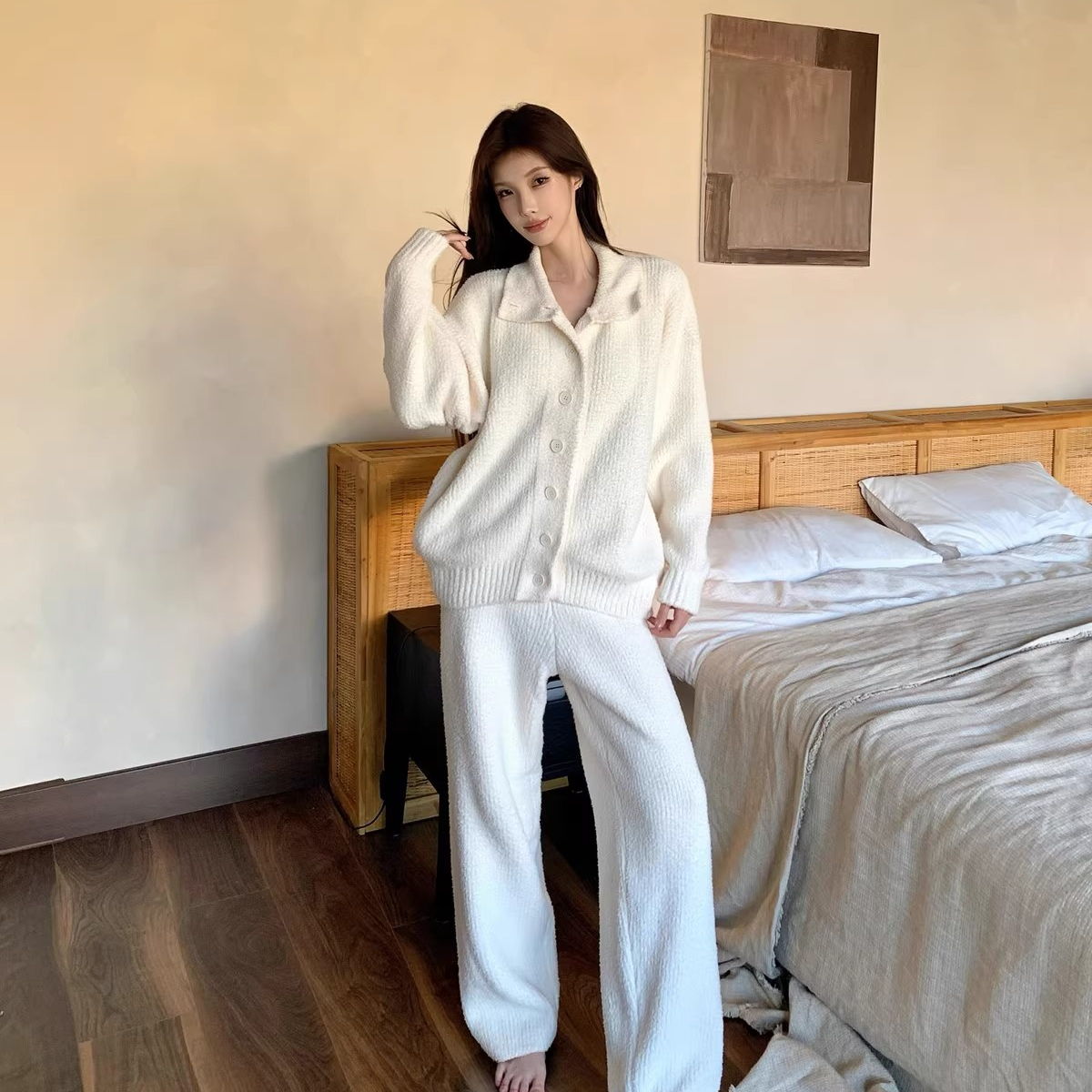 Sweet冬季半边绒睡衣女加厚软绵翻领系扣开衫简约韩系家居服套装