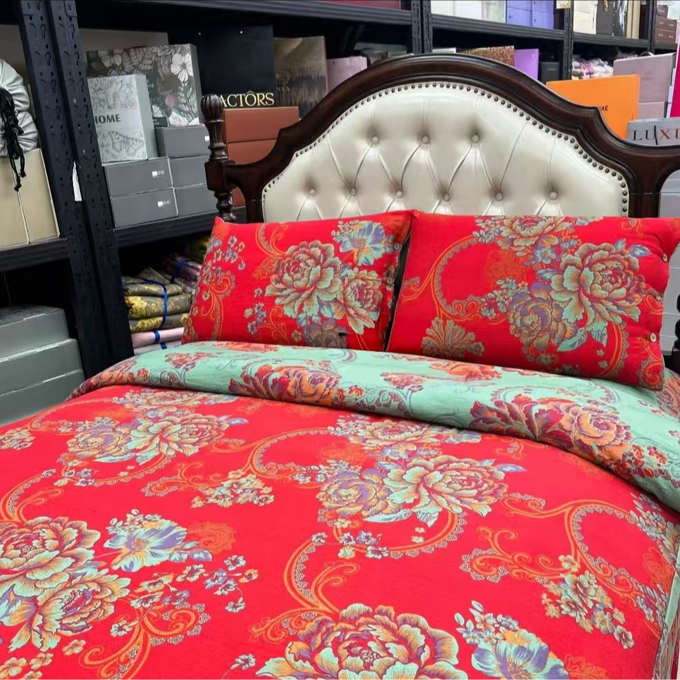 复古提花亲肤棉双层纱四件套--富贵春