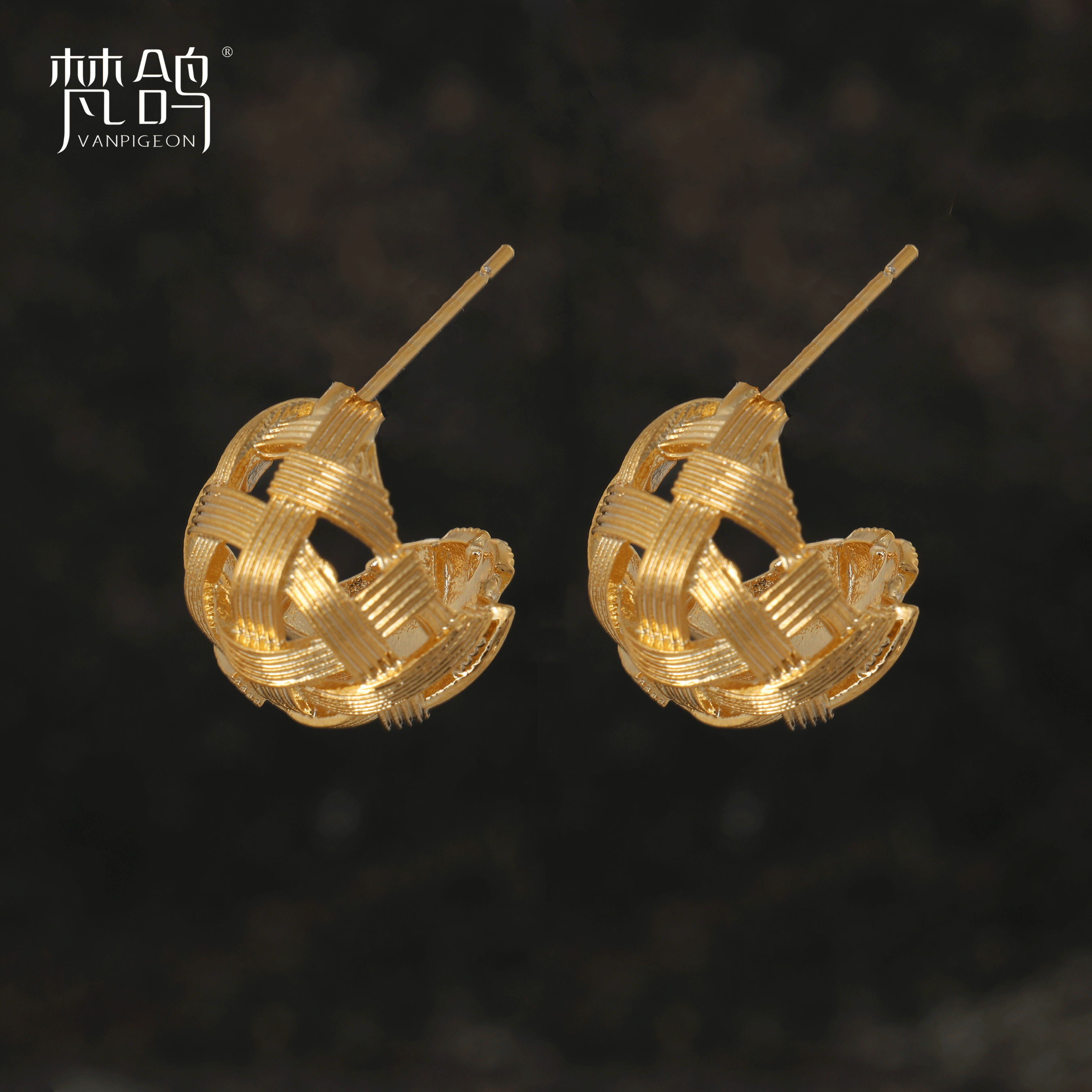 VANPIGEON/梵鸽 黄铜耳饰 镂空编织豆豆耳钉百搭金色时尚素款耳环
