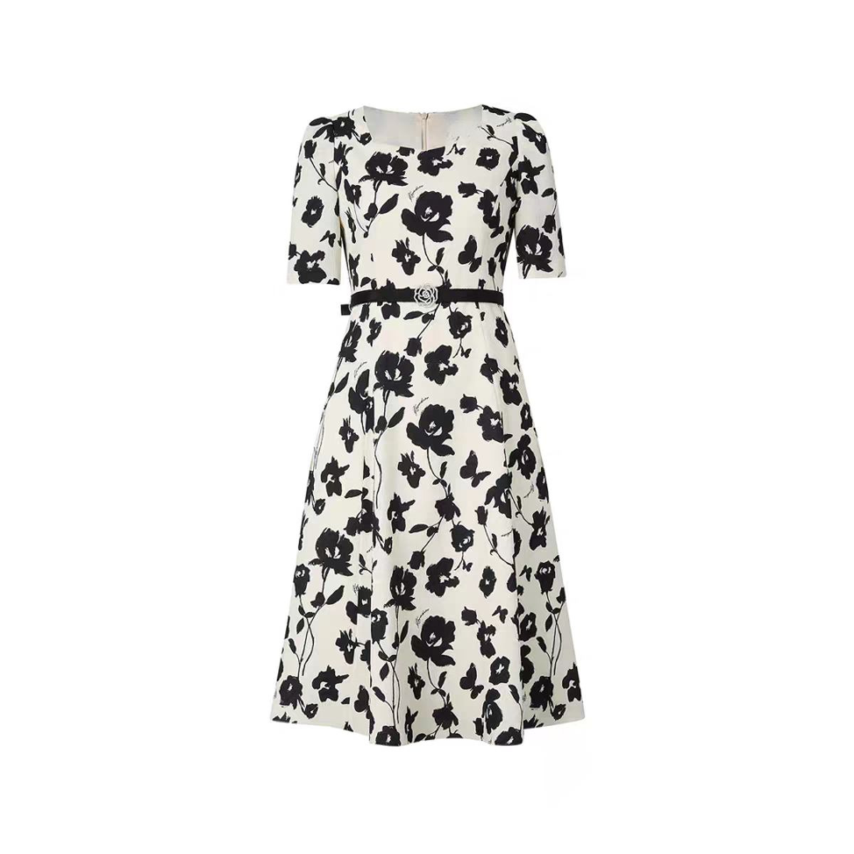 专柜品牌连衣裙高腰设计感山茶花黑色连衣裙A1800801