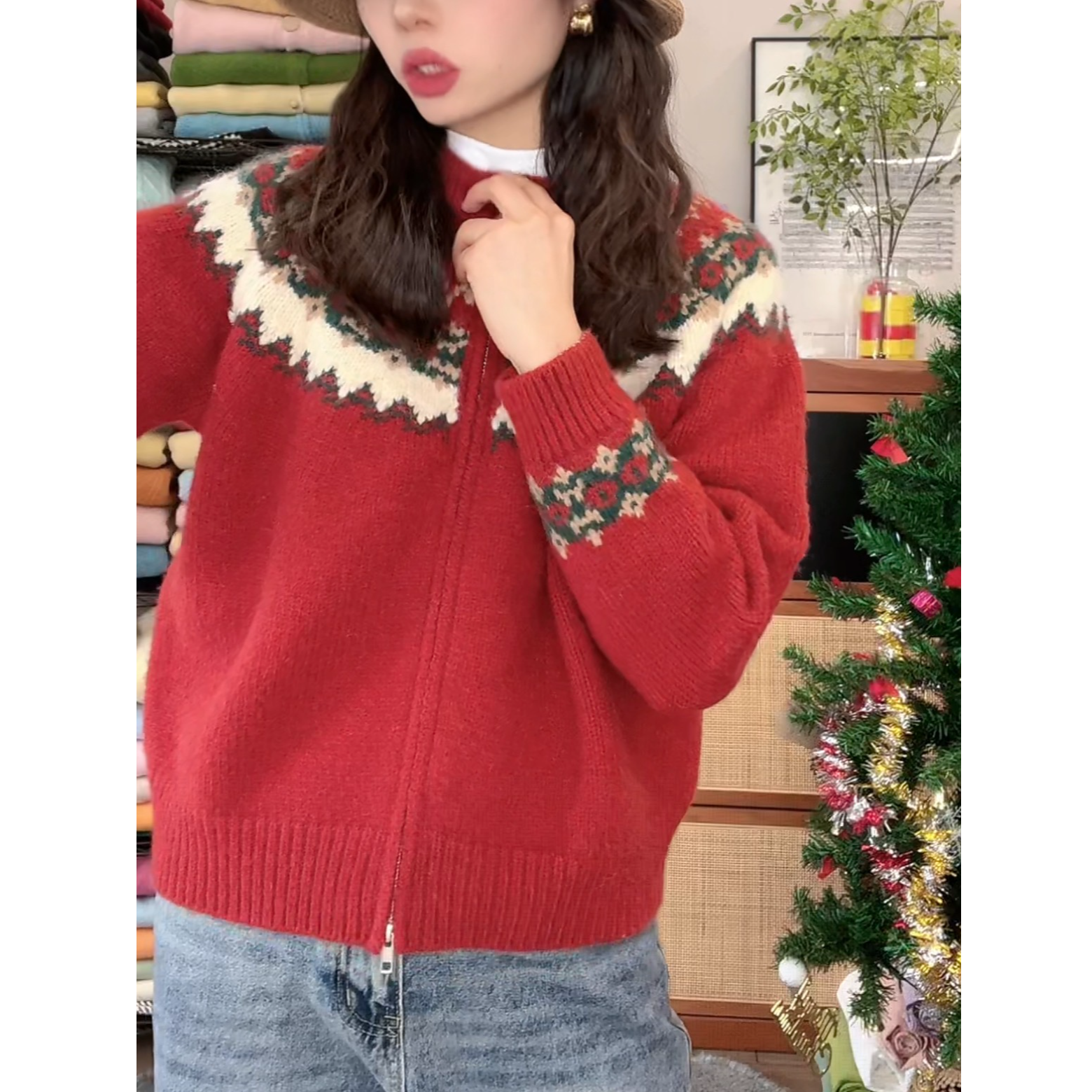 【费尔岛开衫】拉链开衫外套针织毛衣冬季新款韩版提花复古宽松百搭