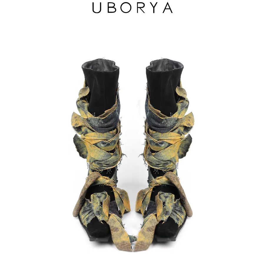 直播专属UBORYA原创中筒靴女扎染牛仔蝴蝶结牛皮欧美街头辣妹帅气