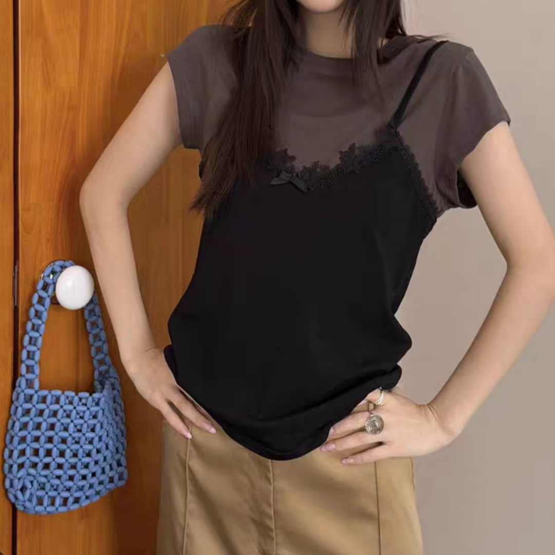 【济州岛】小众设计感蕾丝蝴蝶结吊带拼接假两件短袖