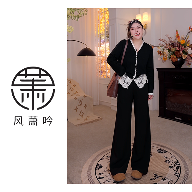 【风萧吟】大码女装秋季新款拼接蕾丝花边V领针织上衣FXY367