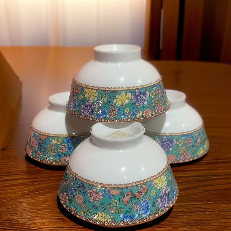 A02景德镇珐琅彩蓝色饭碗4只米饭碗