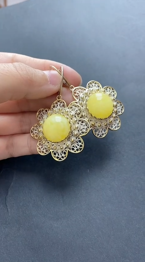 【闪购商品】琥珀裸石银S925镶嵌蜜蜡耳坠