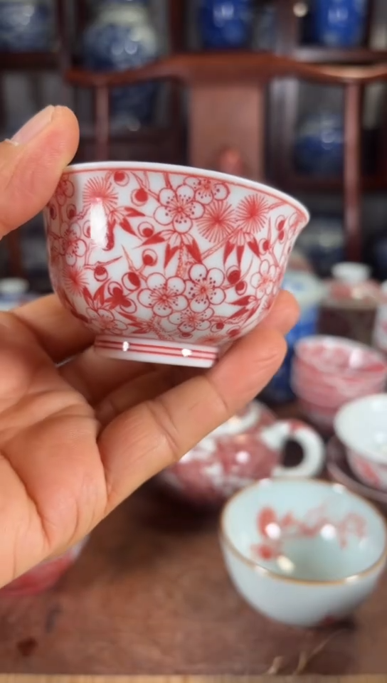 柴窑釉里红松竹梅杯杯