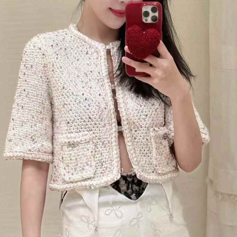 99新 Chanel/香奈儿 36码24P白底拼彩色亮片双C钻扣中袖编织开衫
