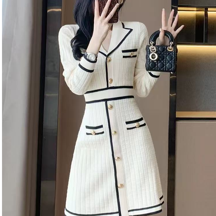 A251-300秋冬新款高腰针织连衣裙女长袖收腰显瘦气质长裙百搭裙子