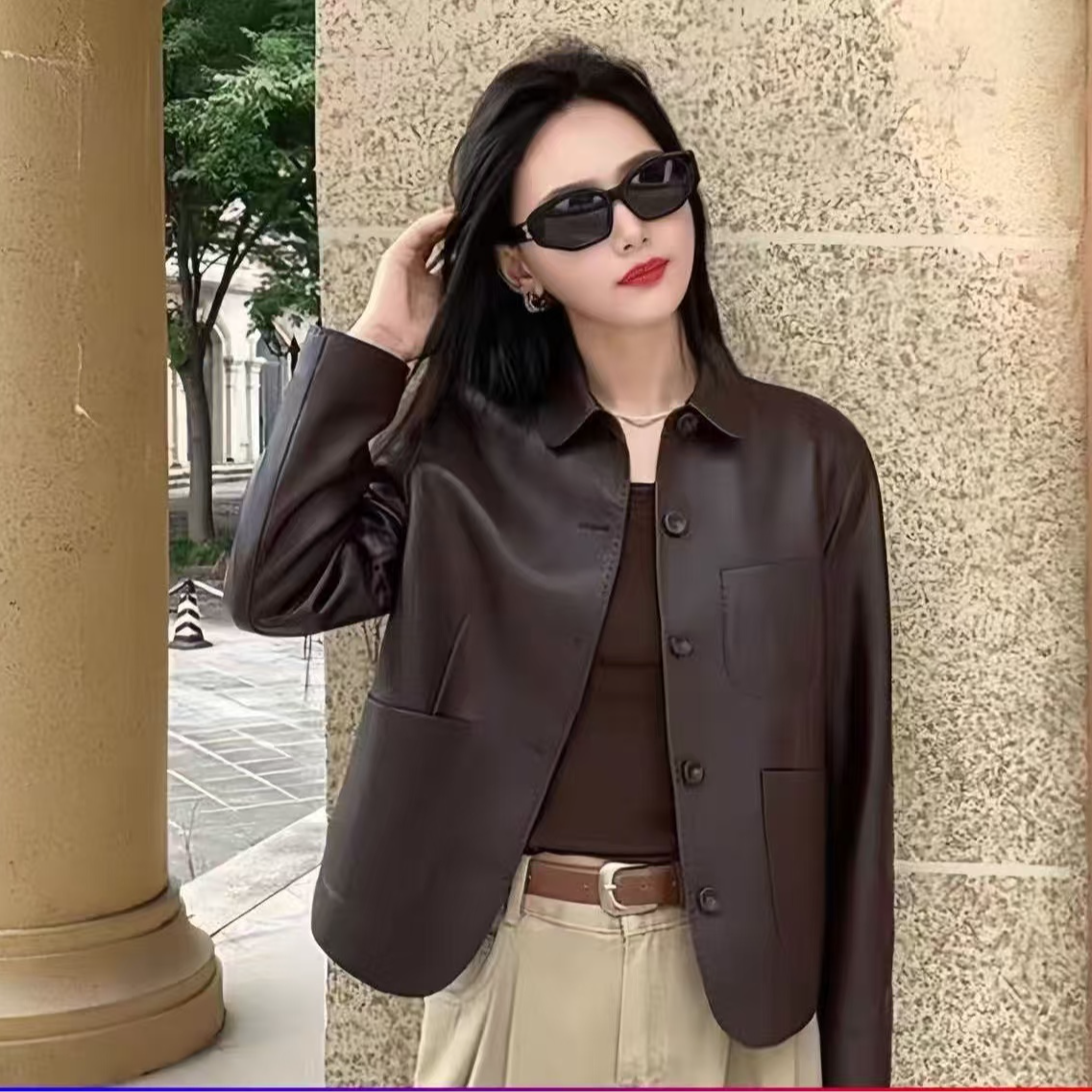 【单里衬】海宁正品2025春秋新款时尚休闲翻领气质皮衣外套女JH1