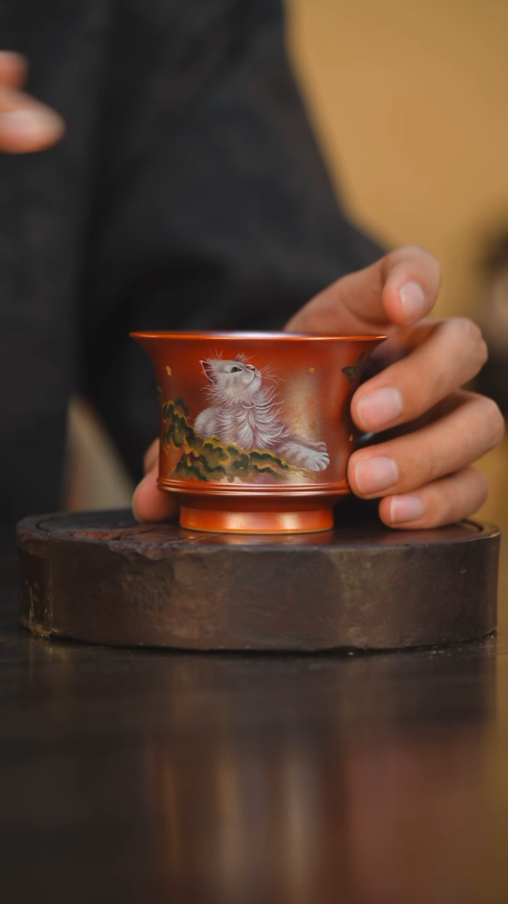 73柴房陶瓷柴烧手绘猫杯