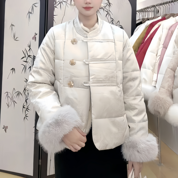 冬季新中式重工三颗水晶大钻扣毛毛袖口国风石墨烯云绒棉服提花