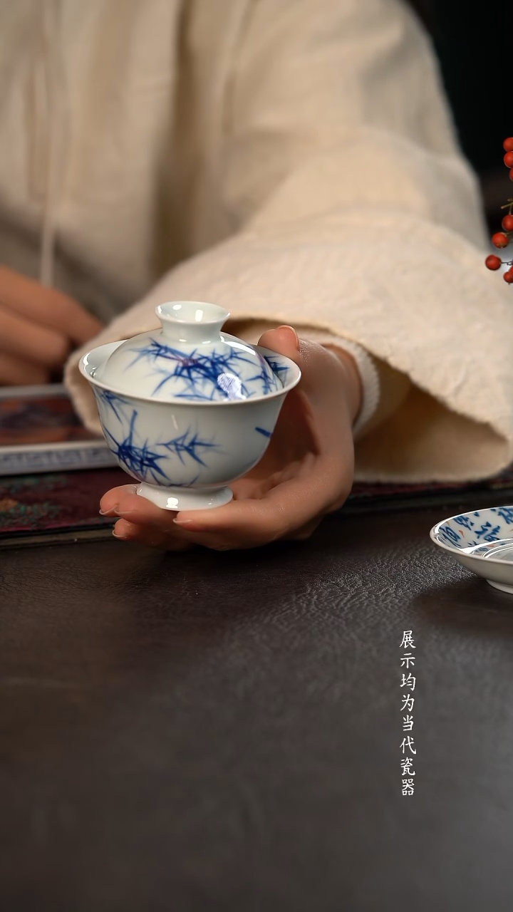 微瑕  100c厚力煊清风竹小盖碗 