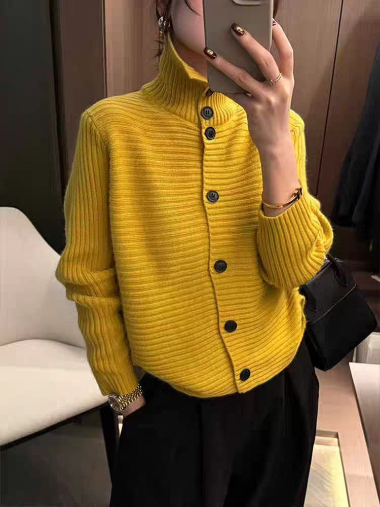 衣心衣意家高领坑条女冬季高级感慵懒风宽松百搭针织开衫