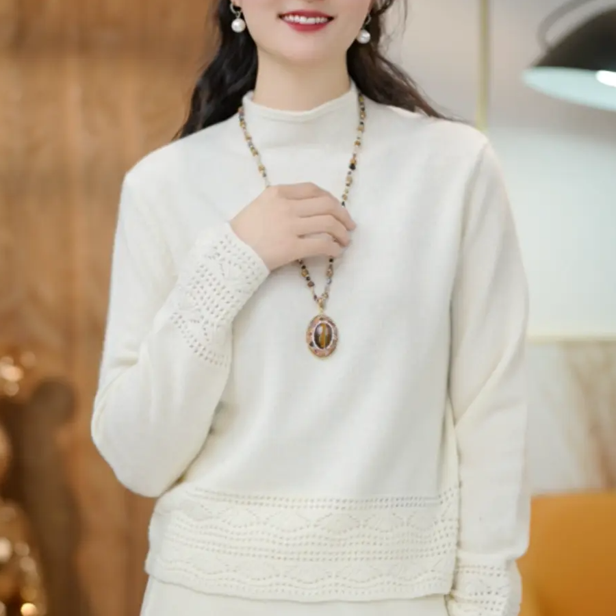 （百分百全羊毛）镂空钩花设计高级百搭宽松显瘦半高领上衣1599380