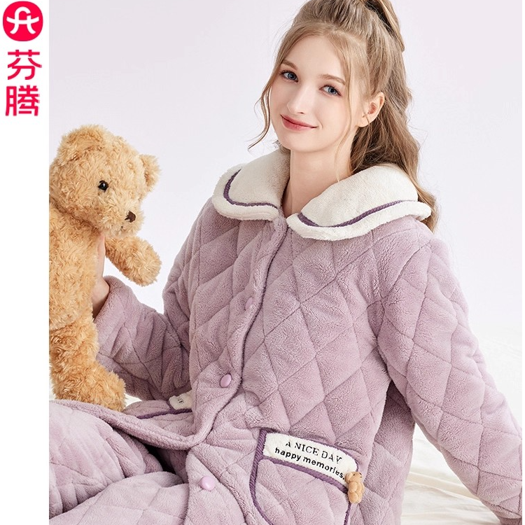 YM直播间239芬腾冬季女法兰绒三层加棉加厚立领可外穿套装家居服