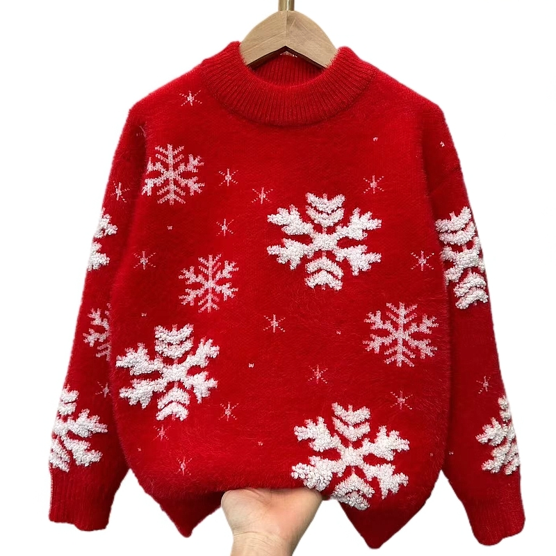 中大童男女童2024新款毛衣洋气仿水貂绒红色喜庆秋冬加厚圆领套头