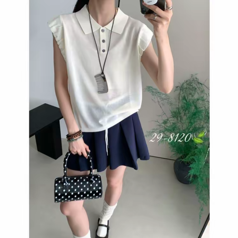 【卡蔻】翻领木耳边半袖（低温水洗）