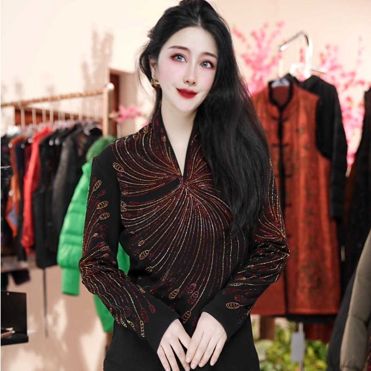 【LeiXiaoQi/雷小七】银河炫彩重工烫钻上衣洋气长袖t恤打底衫女