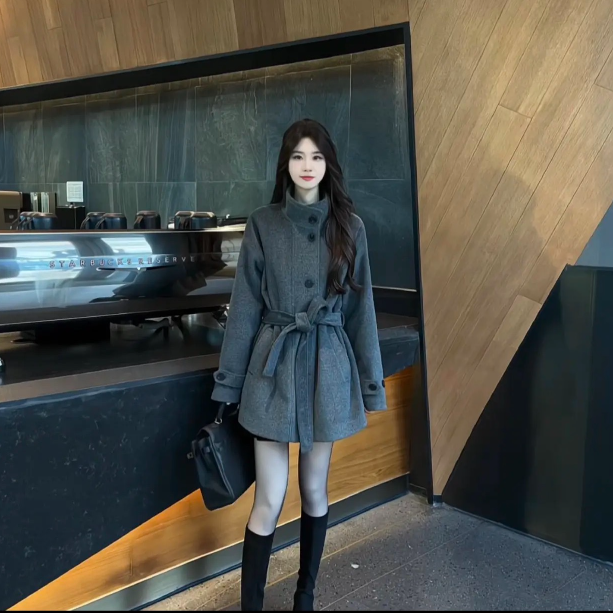 2024冬季新款加厚毛呢外套女甜妹黑色高级设计款呢子大衣外套女