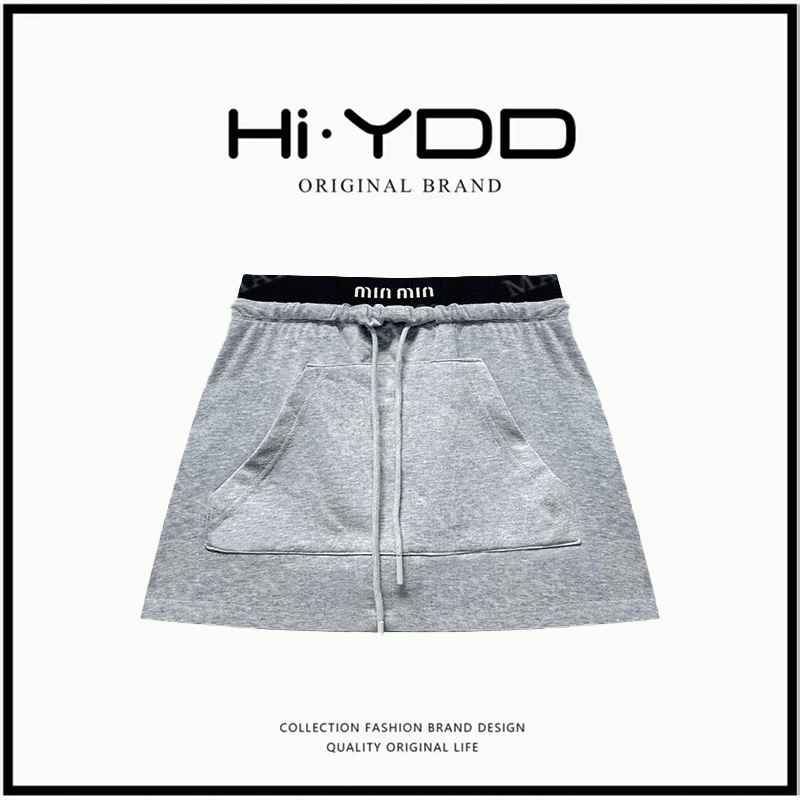 YDD•美式辣妹口袋抽绳灰色迷你半身裙防走光A字短裙A737