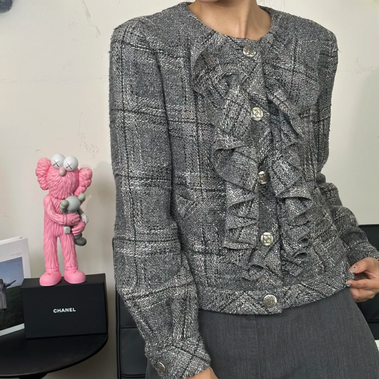 99新 Chanel/香奈儿 38码19P灰色荷叶边圆领长袖软呢外套