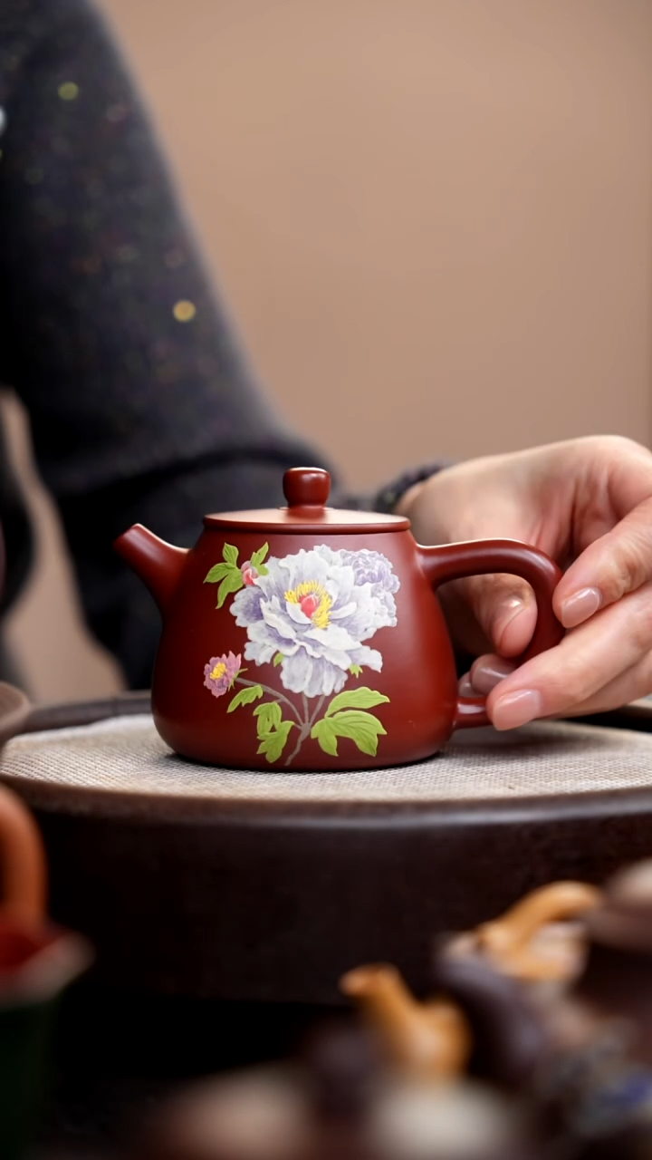 茶壶紫砂朱泥高石瓢泥绘白牡丹