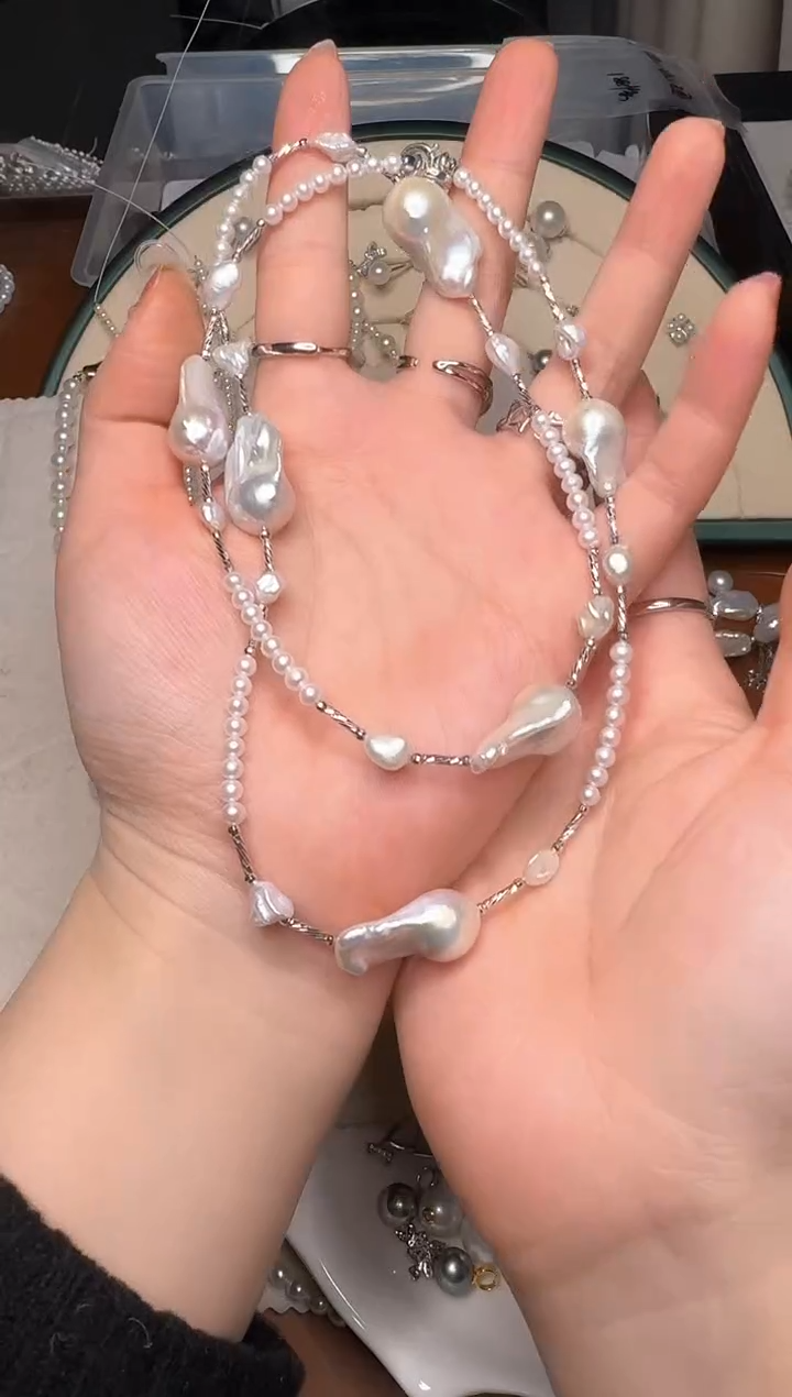 【闪购商品】淡水珍珠颈饰银S925镶嵌16号极光巴洛克毛衣链