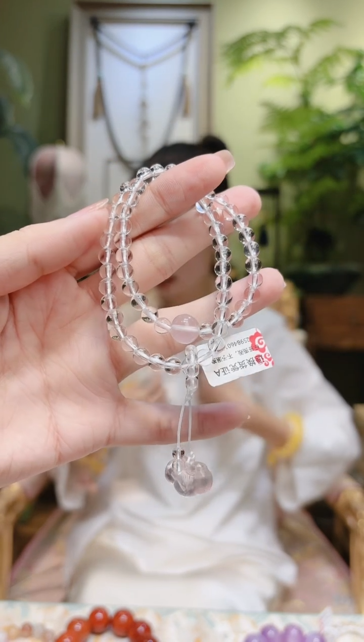 【闪购商品】水晶手串未镶嵌粉晶如意锁白水晶手串2圈