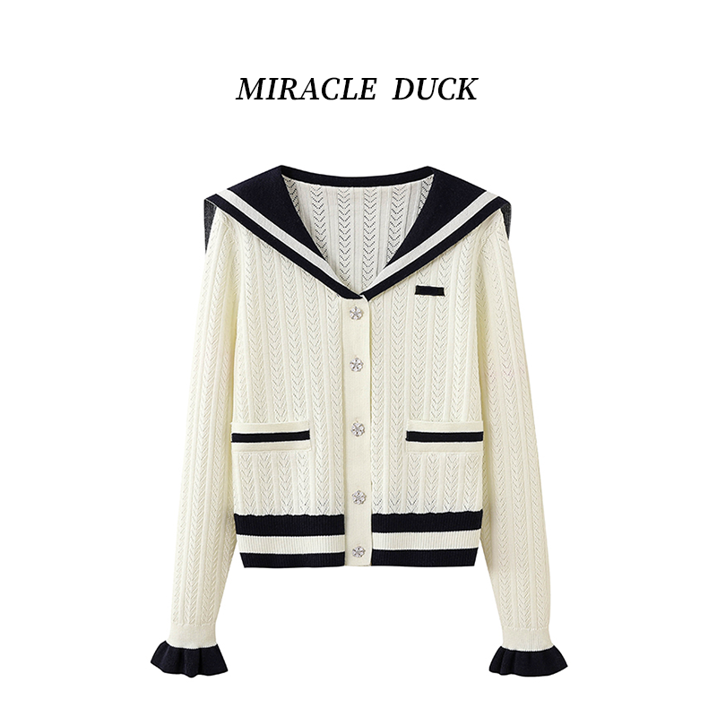 1号【蓝白海军风】春秋冬新款镂空蓝白拼接海军领长袖针织开衫C1727