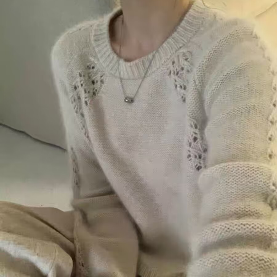 T2254 韩系穿搭慵懒风圆领镂空长袖针织毛衣小个子上衣