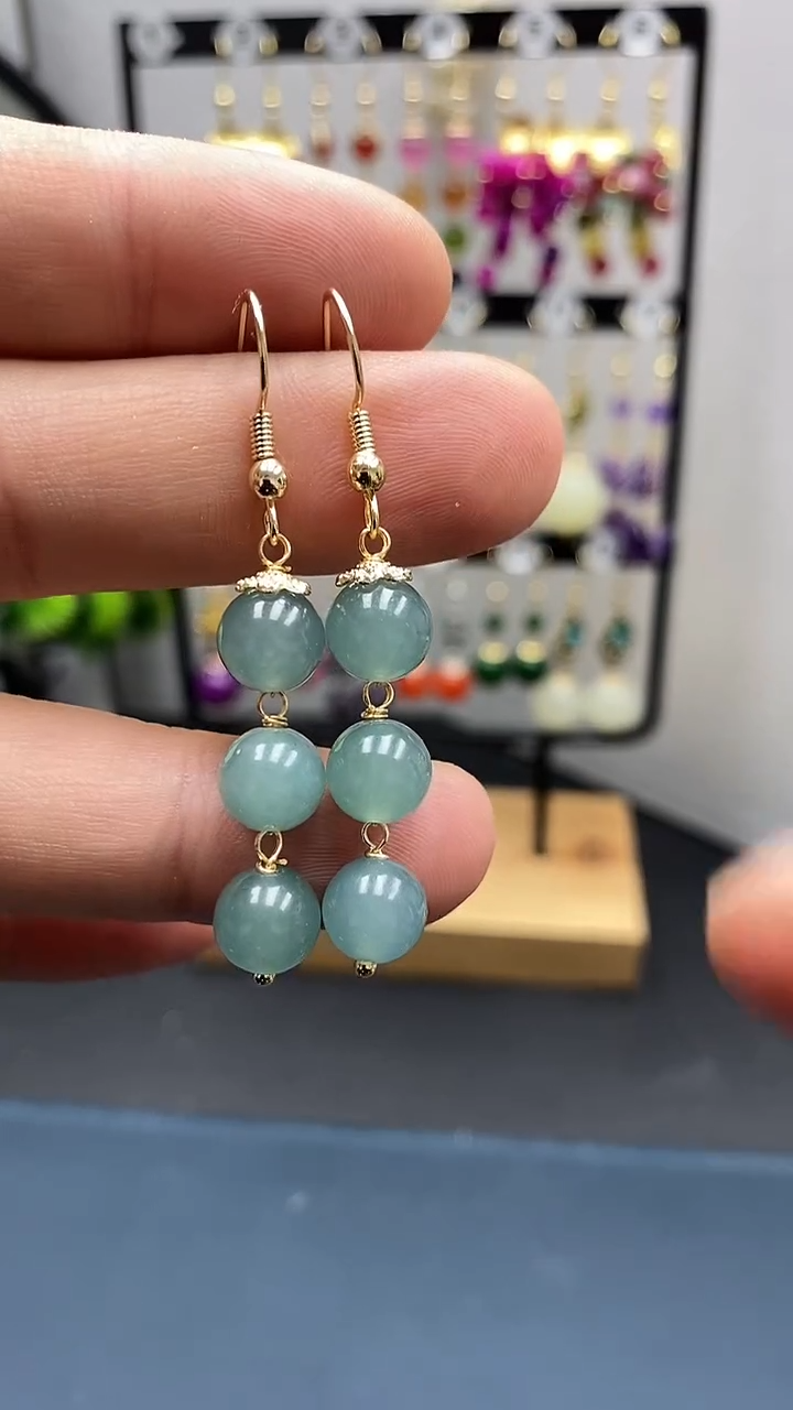 【闪购商品】翡翠耳饰银S925镀金镶嵌尺寸8mm连珠Q1