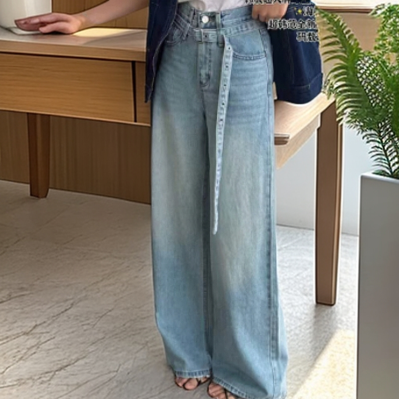 【晗永芳】6290春款阔腿裤高腰显瘦直筒宽松牛仔裤原色腰带设计感漾