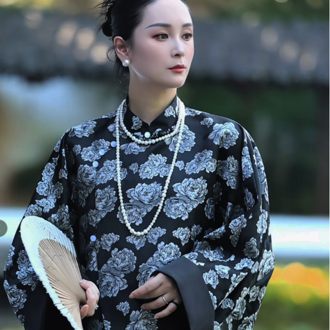 【年华】秋季新款斜襟盘扣外套牡丹花长袖提花中式国风上衣