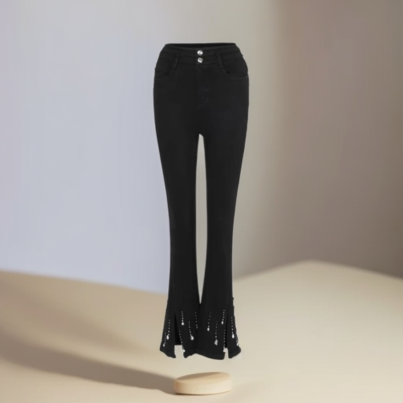 896钉珠重工显瘦气质高级时尚精致法式复古高腰牛仔微喇裤