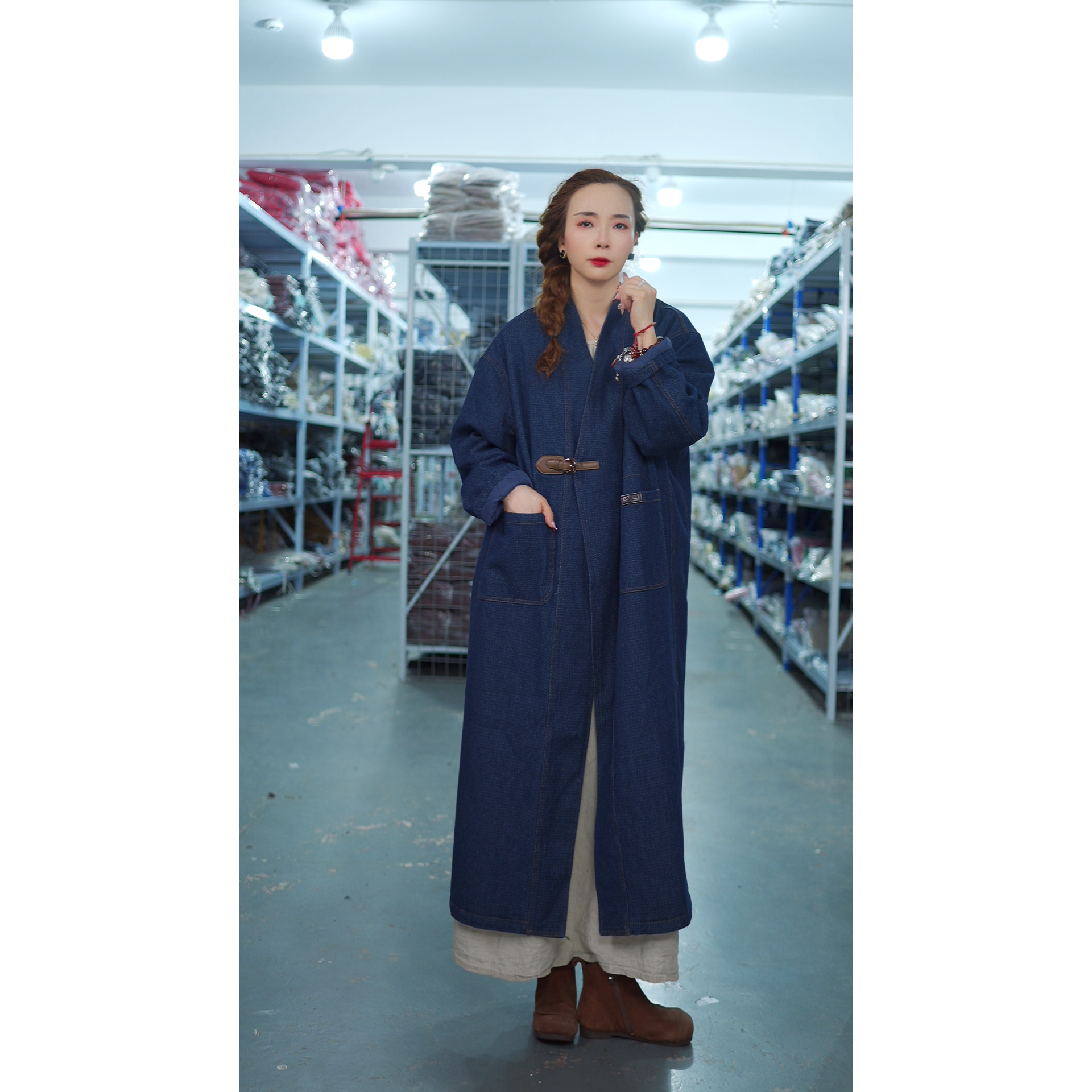 花璟与麻原创设计款牛仔一粒扣夹棉棉衣（衣长115胸围135)