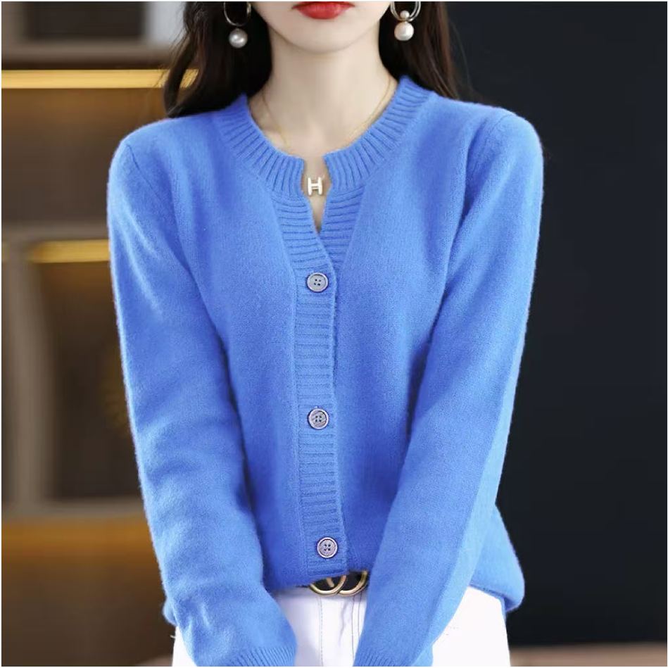 100%绵羊鸡心领长袖女式羊毛开衫25DAK1860