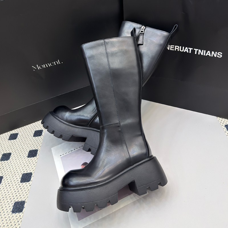 758-2真皮长筒靴女厚底增高秋冬新款大头不过膝显瘦高筒骑士靴