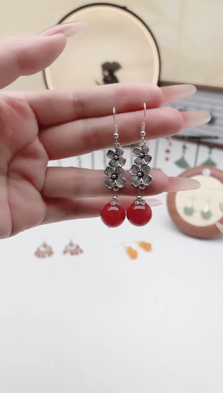 未镶嵌耳饰玛瑙/玉髓00红色14大花