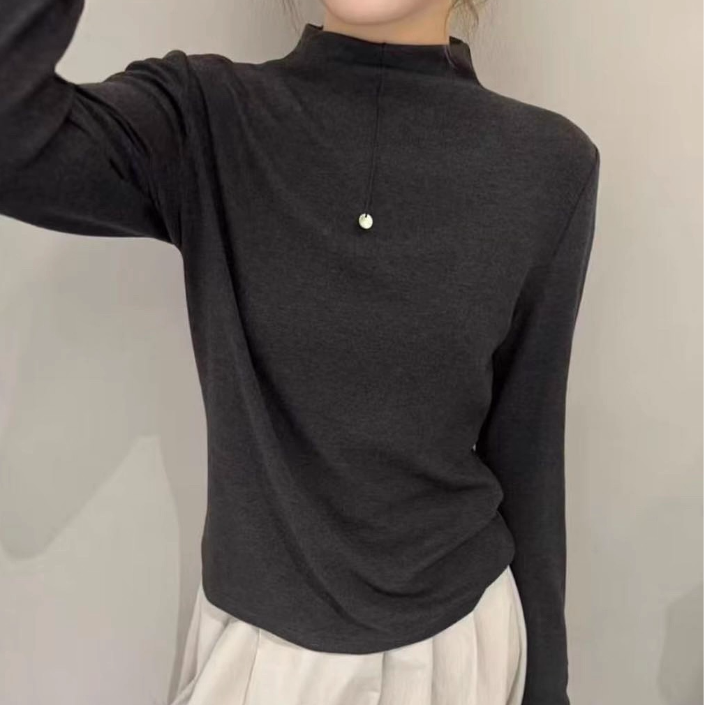 7896#秋冬加绒加厚半高领鱼骨设计感打底