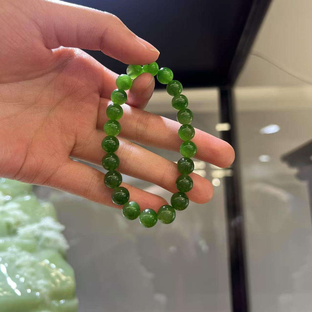 天然和田玉碧玉手串女款串珠手链冰底玉石散珠菠菜绿带证书